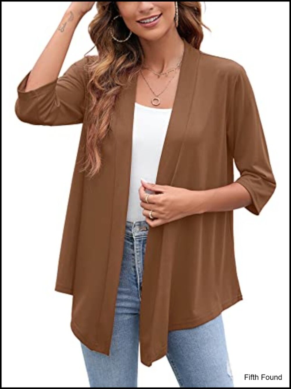 Women 3/4 Sleeve Open Front Kimono Cardigan Lightweight Sheer Drape
